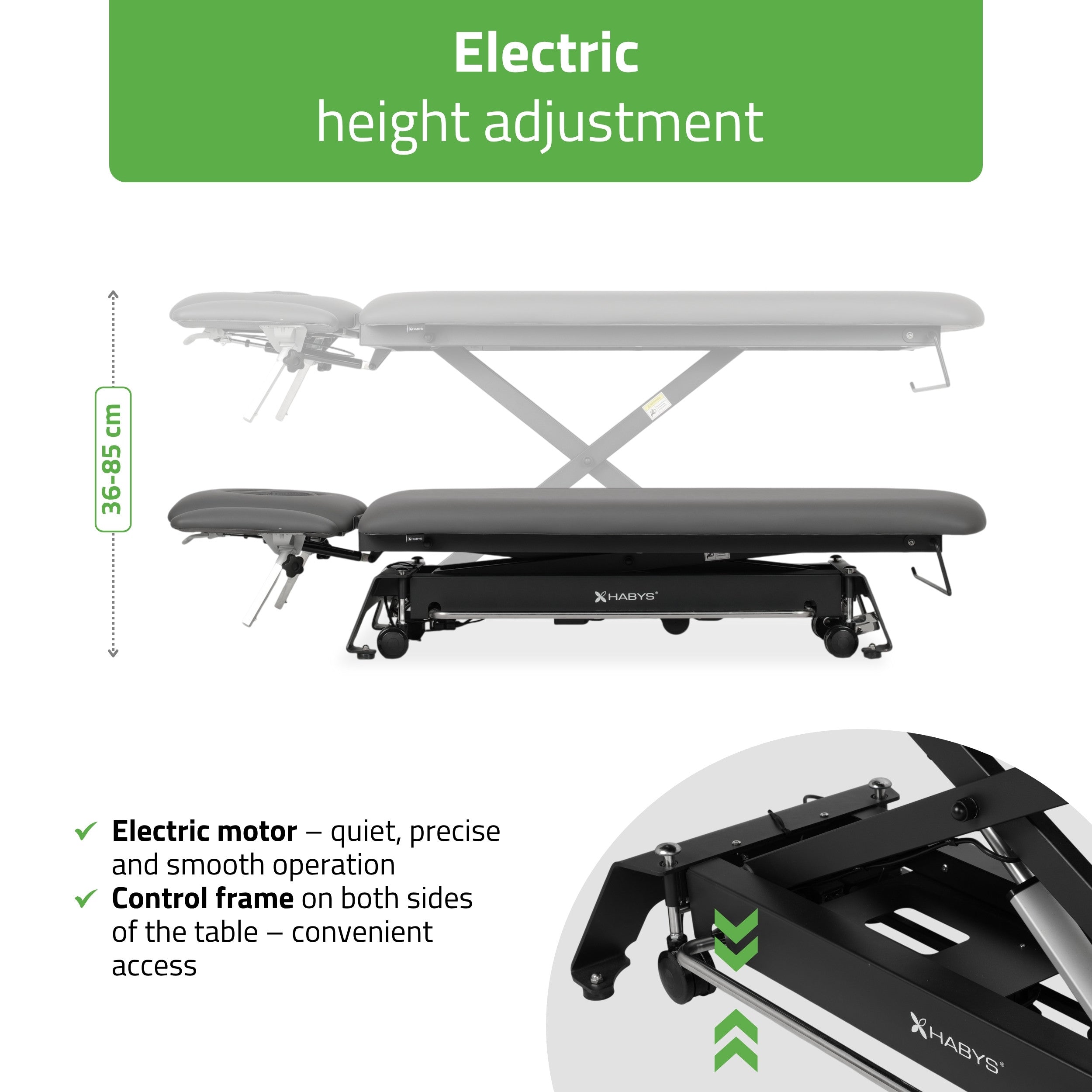 Evero Cross X4 ERGO therapy table, electric height adjustment, foot control bar, ERGO cushion, Satin Comfort k722 gray