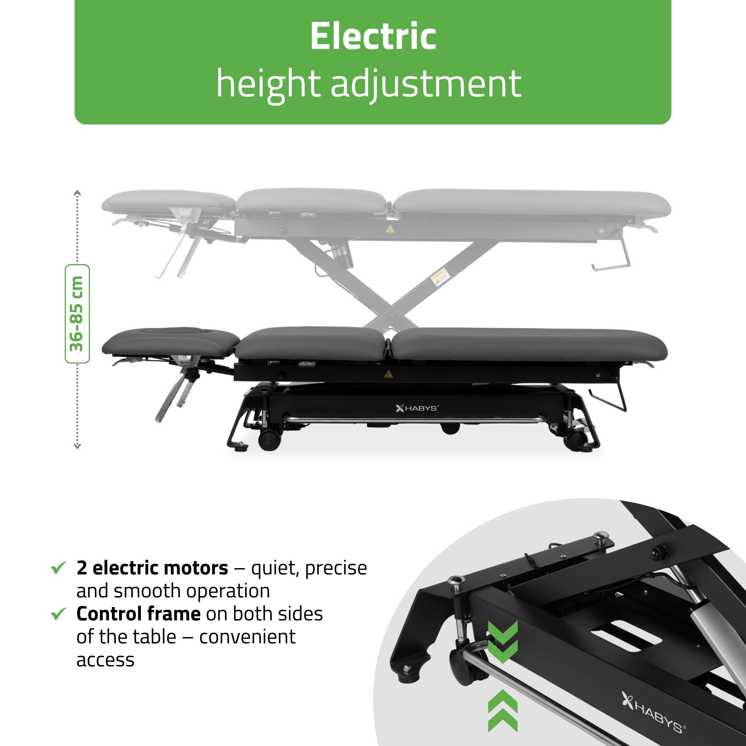 Evero Cross X5 ERGO therapy table, electric height adjustment, foot control bar, ERGO cushion, Satin Comfort k722 gray