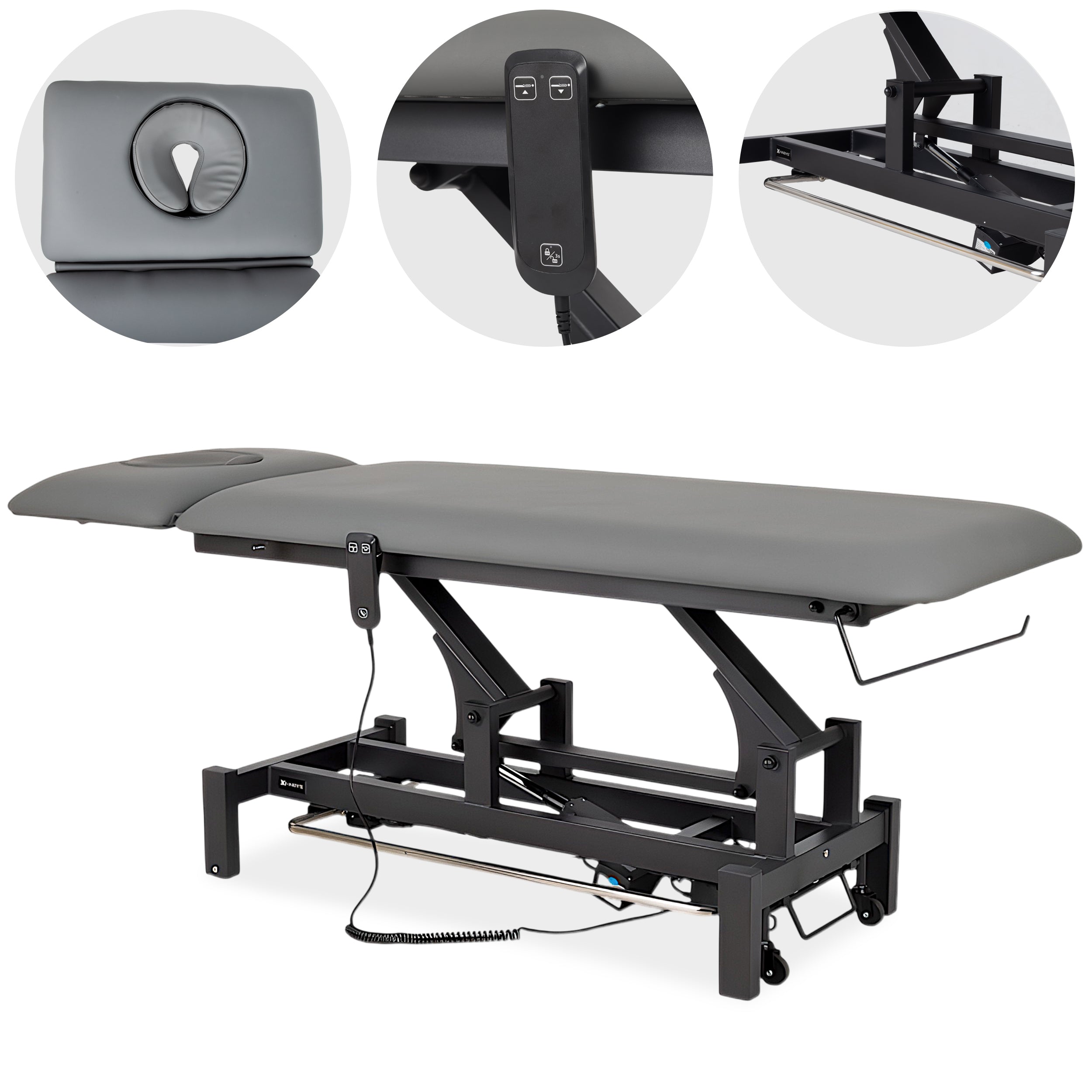 Fortis 2 ERGO treatment table, electric height adjustment with foot control bar, ERGO cushion, k722 gray