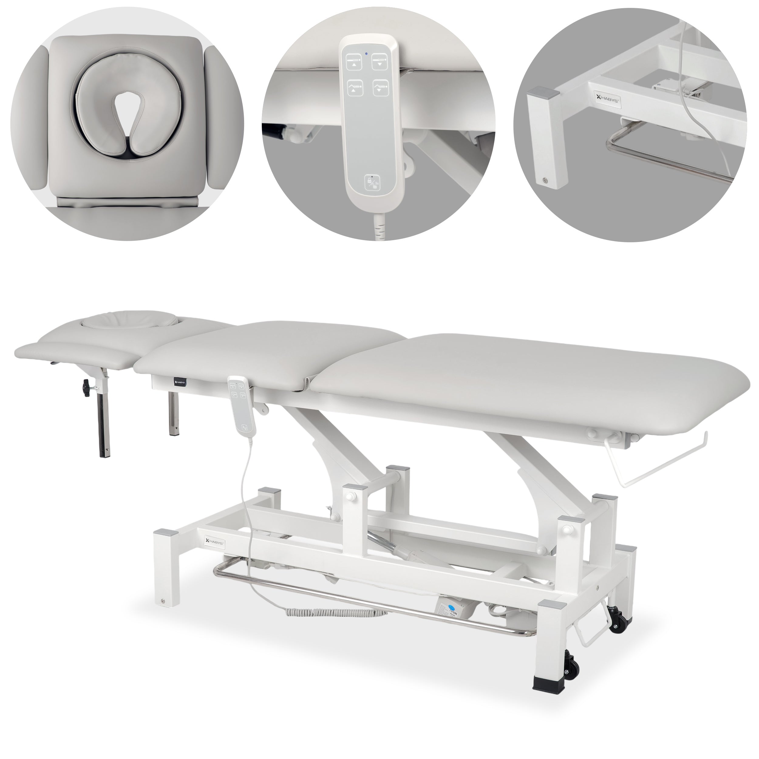 Fortis 5 ERGO treatment table, electric height adjustment with foot control bar,ERGO cushion, k729 light gray